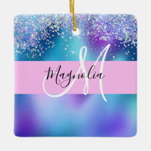 Glam Holographic Mermaid Glitter Sparkle Monogram Ceramic Ornament