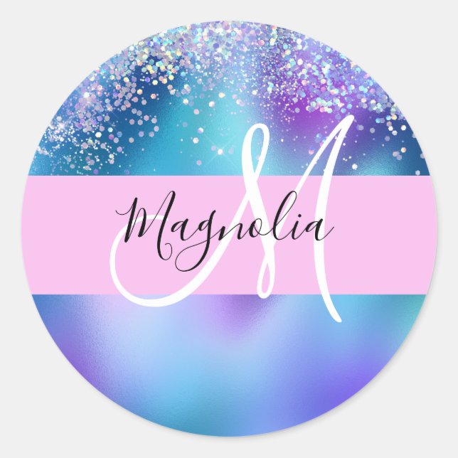 Glam Holographic Mermaid Glitter Sparkle Monogram Classic Round Sticker (Front)
