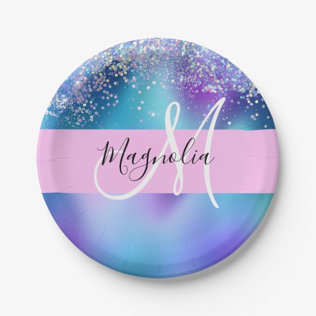 Glam Holographic Mermaid Glitter Sparkle Monogram Paper Plate (Front)