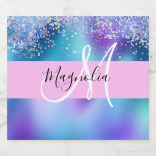 Glam Holographic Mermaid Glitter Sparkle Monogram Sparkling Wine Label