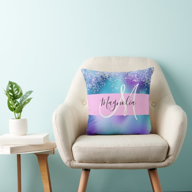 Glam Holographic Mermaid Glitter Sparkle Monogram Throw Pillow (Chair)