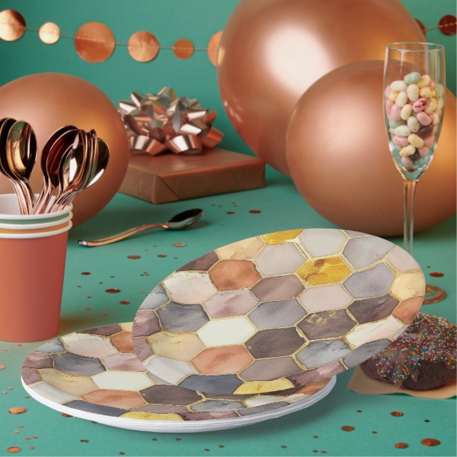 Glam Honey Comb Blush Champagne Abstract Paper Plate (Multi)