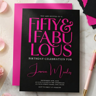 Glam Hot Pink Black Chic 50 & Fabulous Birthday  Invitation