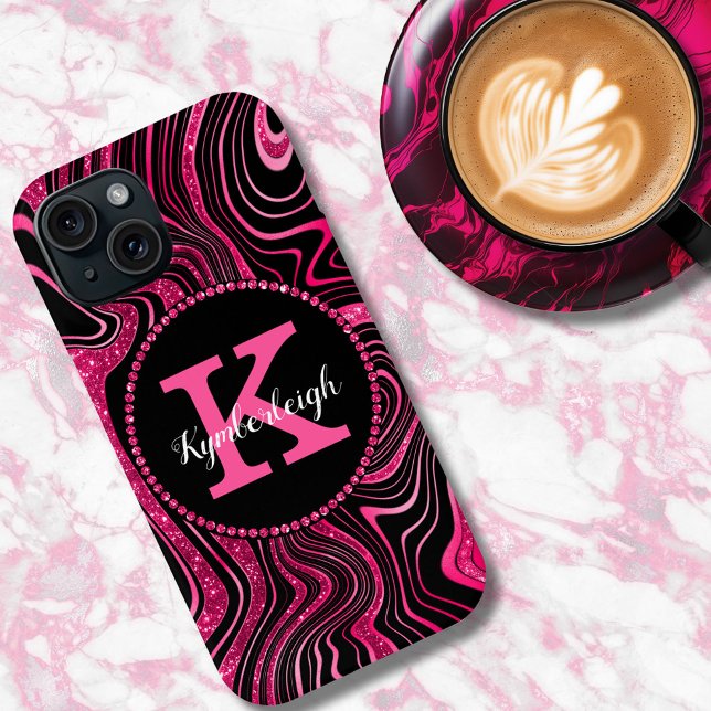 Glam Hot Pink Black Marble Agate Glitter Monogram Case-Mate iPhone Case (Creator Uploaded)