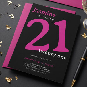 Glam Hot Pink Black Turning 21 Birthday  Invitation