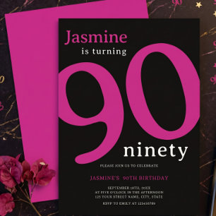 Glam Hot Pink Black Turning 90 Ninety Birthday  Invitation
