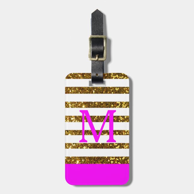 Glam/Hot Pink Gold Sequins/Personalized Luggage Tag (Front Vertical)