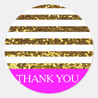 Glam/Hot Pink Gold Sequins Stripes/Personalized Classic Round Sticker