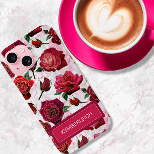 Glam Hot Pink Purple Roses Marble Monogram Name iPhone 15 Case
