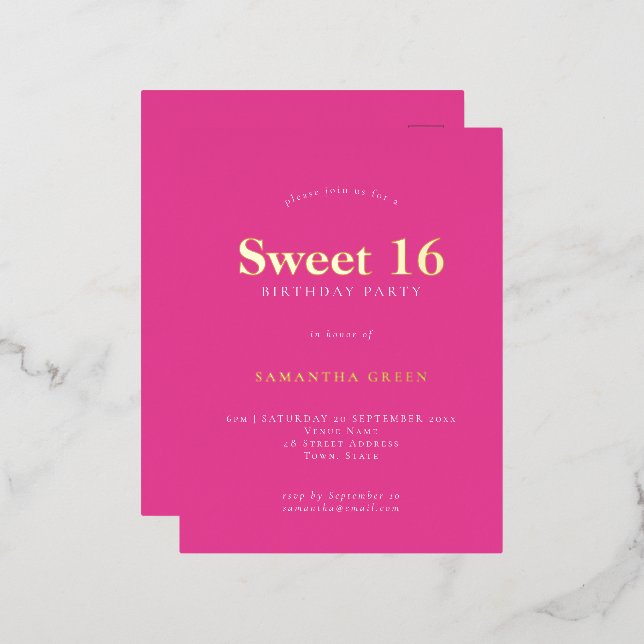 Glam Hot Pink Sweet 16 Birthday Party Foil Invitation Postcard (Front/Back)