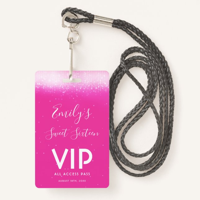 Glam Hot Pink Sweet 16 Invitation Carte VIP Badge (Devant avec lanière)