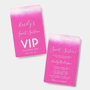 Glam Hot Pink Sweet 16 Invitation VIP Pass Badge