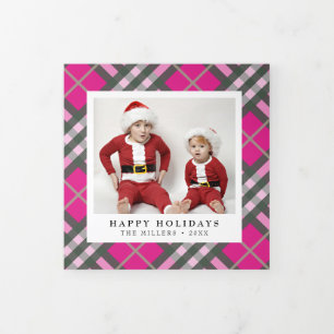 Glam Hot Pink Tartan Plaid Christmas Tri-Fold Holiday Card