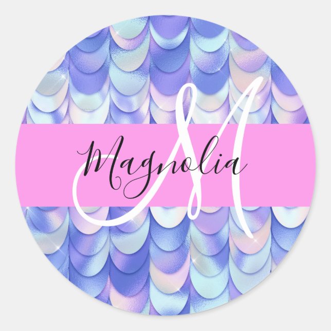 Glam Iridescent Blue Mermaid Scales Name Monogram Classic Round Sticker (Front)