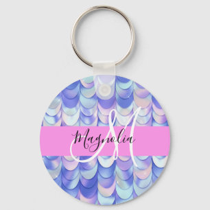 Glam Iridescent Blue Mermaid Scales Name Monogram Keychain