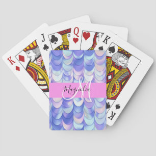 Glam Iridescent Blue Mermaid Scales Name Monogram Playing Cards