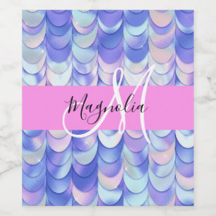 Glam Iridescent Blue Mermaid Scales Name Monogram Wine Label