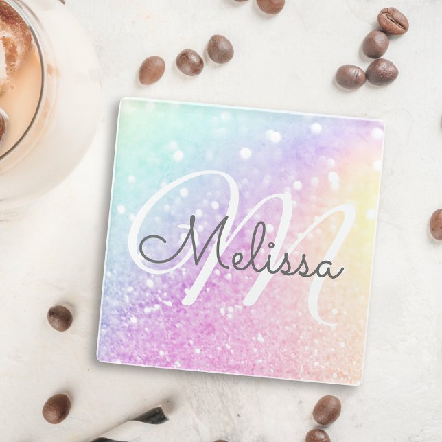 Glam Iridescent Glitter Personalized Colourful Glass Coaster (Creator Uploaded)