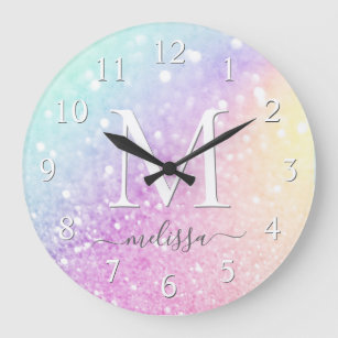 Glam Iridescent Glitter Personalized Colourful Large Clock