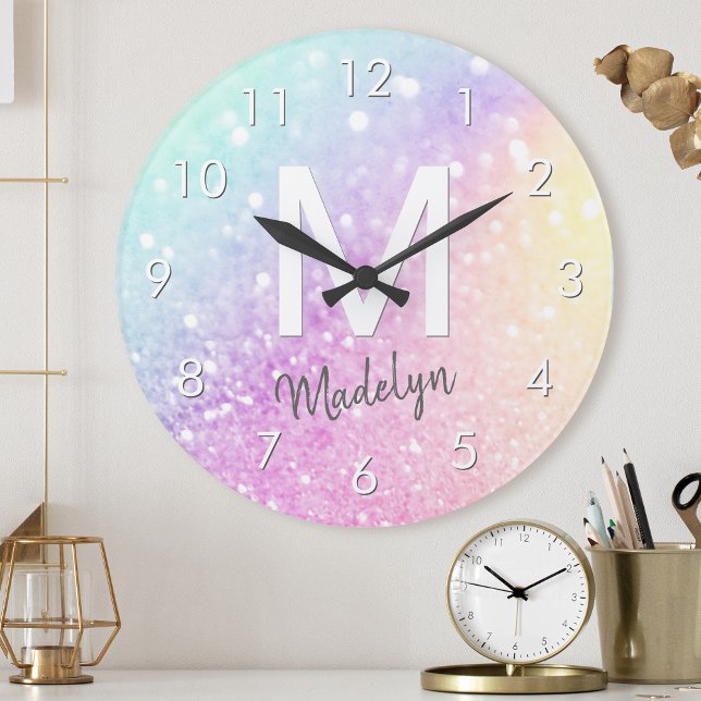 Glam Iridescent Glitter Personalized Colourful Round Clock (Creator Uploaded)