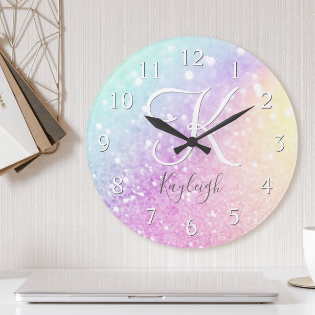 Glam Iridescent Glitter Personalized Colourful Round Clock (Creator Uploaded)