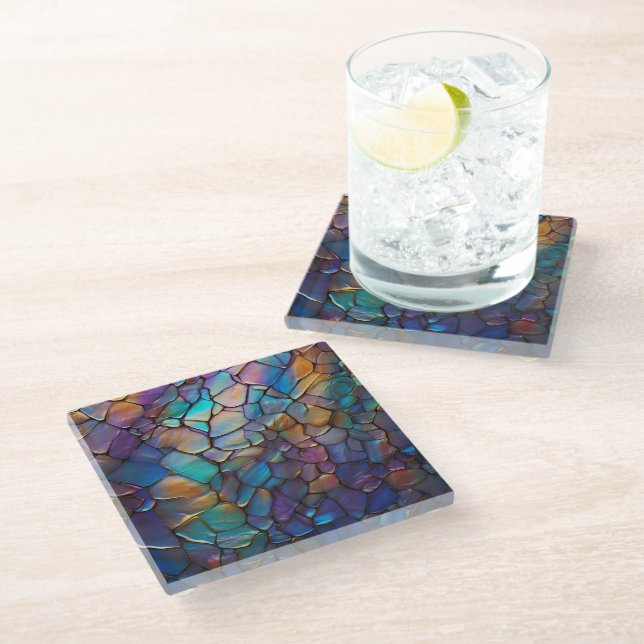 Glam Iridescent Opal Gemstone Stained Glass   Coaster (Angled)