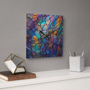 Glam Iridescent Opal Gemstone Stained Glass   Square Wall Clock