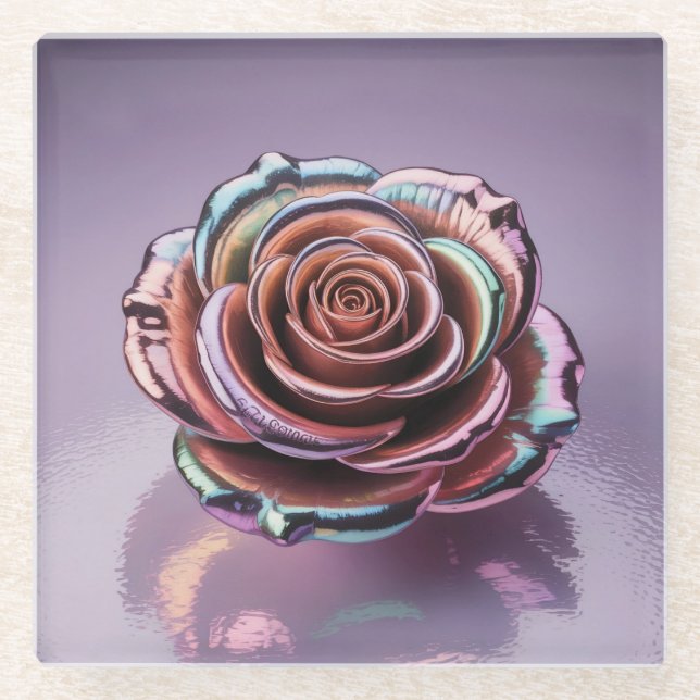 Glam Iridescent Rose Gold Glass Coaster (Front)