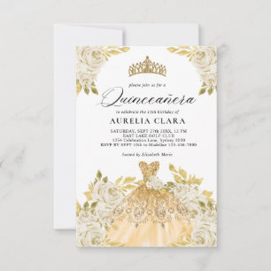 Glam Ivory Gold Dress Floral 15th Quinceañera Card