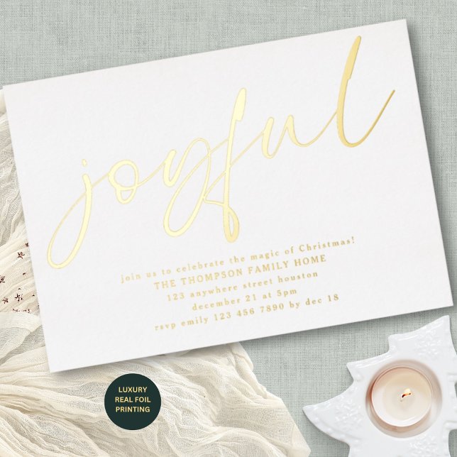 Glam Joyful Script Christmas Party White Real  (Luxury Real Foil Printing)