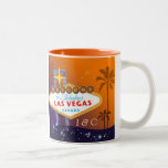 Glam Las Vegas Monogrammed Wedding Two-Tone Coffee Mug<br><div class="desc">Gorgeous Las Vegas sign tropical palm tree silhouettes glittering stars purple & orange background illustrated on custom Wedding Gift or Keepsake Mugs. Special custom mugs you can personalize for your Las Vegas themed engagement, wedding or anniversary. ((You can find the matching wedding essentials & favours in this store, Bridal Heaven....</div>