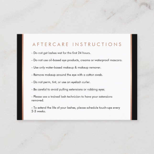 Glam Lashes Script Rose Gold/Black Aftercare Card (Front)