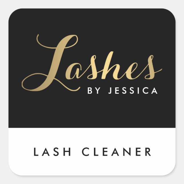 Glam Lashes Script Text Gold/Black Lash Cleaner Square Sticker (Front)