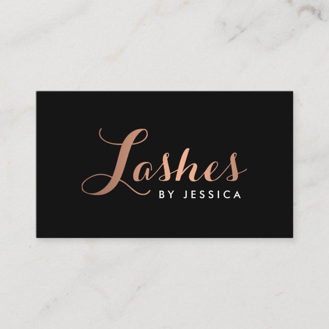Glam Lashes Script Text Rose Gold/Black Business Card (Front)