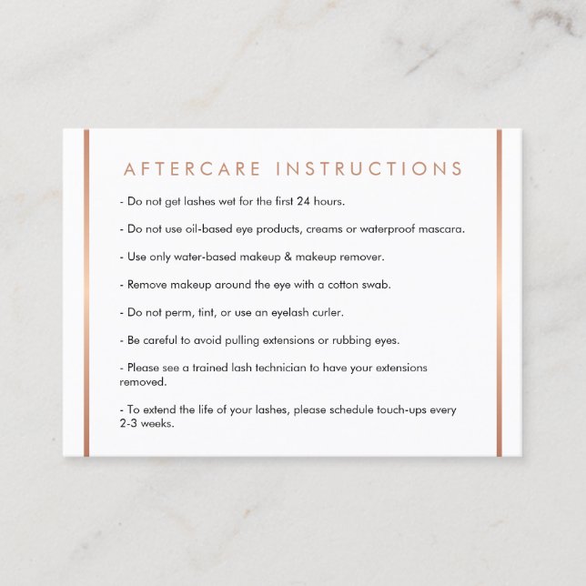 Glam Lashes Script Texte Rose Gold Carte de soins  (Devant)