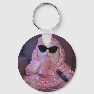    Glam Lazy Cat in Sunglasses with Sparkly Drink  Keychain