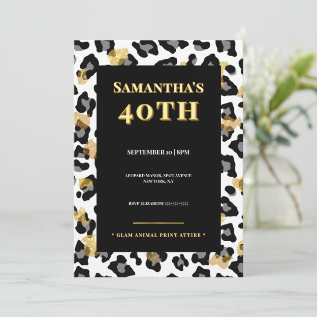 Glam Leopard 40th Birthday Invitation Gold Black (Standing Front)