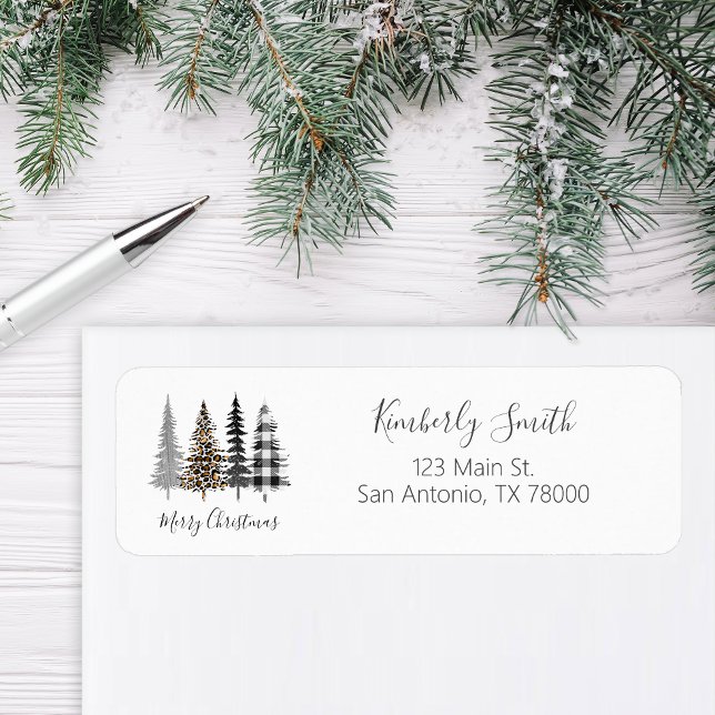 Glam Leopard and Plaid Christmas Address (Modern Farmhouse Return Address Sticker)
