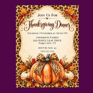 Glam Leopard Bow Pumpkin Thanksgiving Dinner Invitation