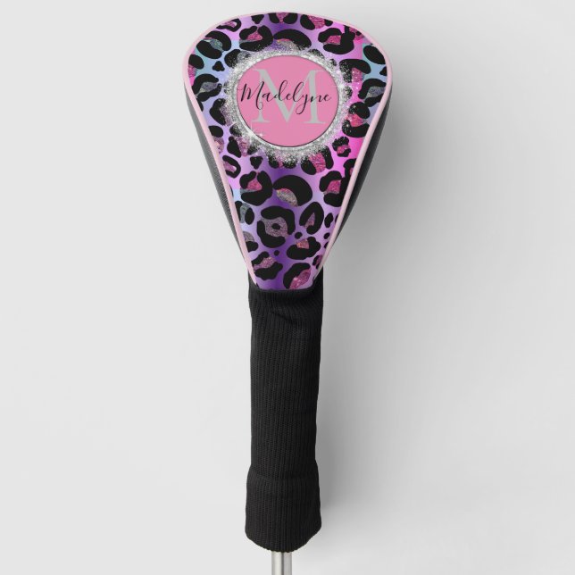 Glam Leopard Pink and Purple Monogram  Golf Head Cover (Front)