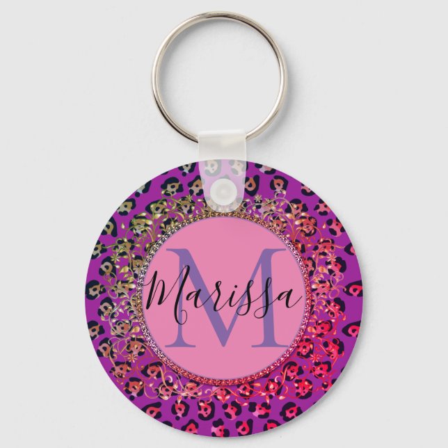 Glam Leopard Pink and Purple Monogram    Keychain (Front)