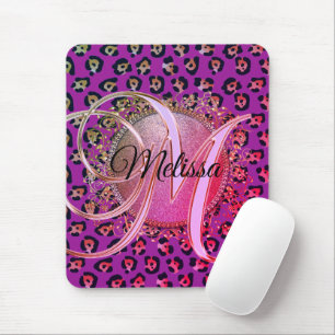 Glam Leopard Pink and Purple Monogram Mouse Pad