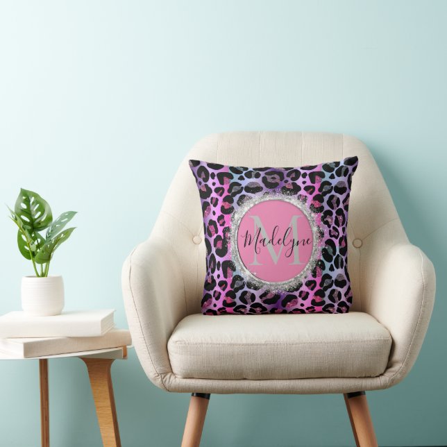 Glam Leopard Pink and Purple Monogram   Throw Pillow (Chair)