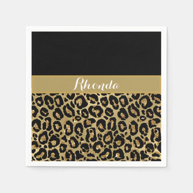 Glam Leopard Print Glitter Elegant Birthday Napkin (Front)