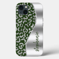 Glam Leopard Spots Metallic Silver Green Name