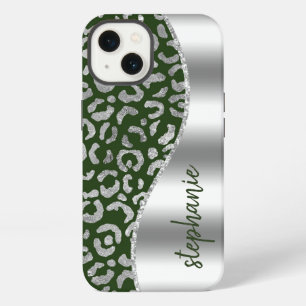 Glam Leopard Spots Metallic Silver Green Name iPhone 13 Case