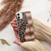 Glam Leopard Spots Rose Gold Black Metallic Name