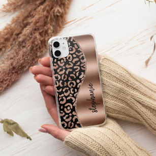 Glam Leopard Spots Rose Gold Black Metallic Name iPhone 12 Pro Max Case