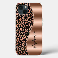 Glam Leopard Spots Rose Gold Black Metallic Name
