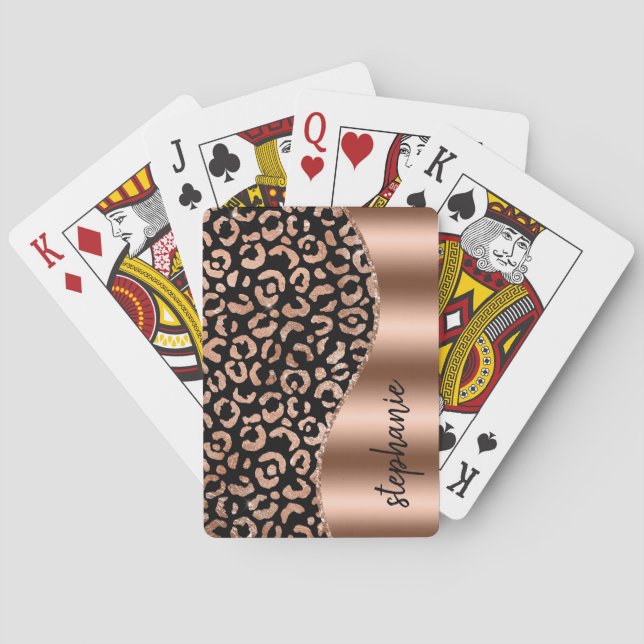 Glam Leopard Spots Rose Gold Black Metallic Name Playing Cards (Back)